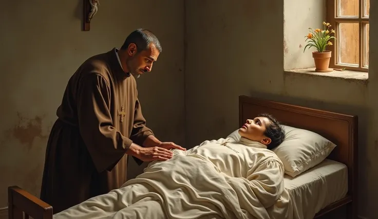 
Representation of Martín de Porres caring for a sick person in the convent. It could include a simple bed and a humble environment .

