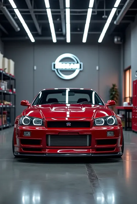 A vibrant portrayal of the Nissan Skyline R34 GT-R, parked in a luxurious garage, Nissan logo on the background wall