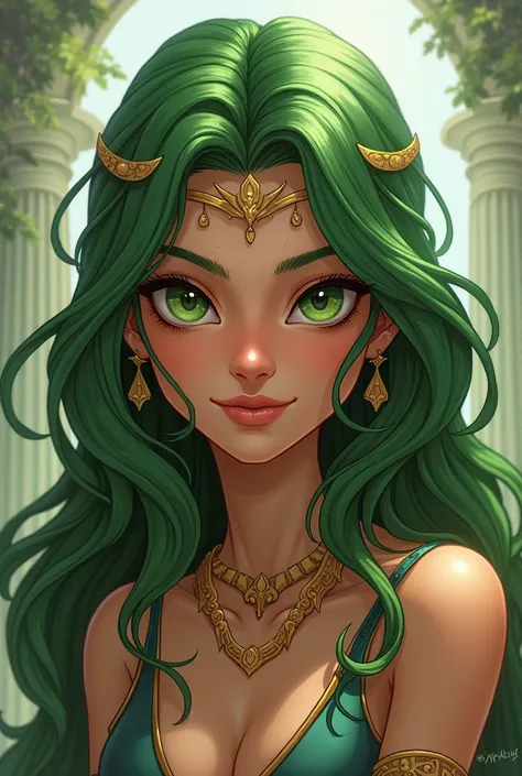 A strong woman,  long green hair with a thin and delicate face. Small shoulders ,  green eyes with a charming smile .  your clothes are very cartoonish ,  referring to Greek gods .