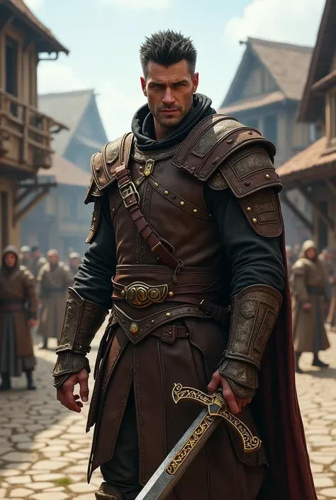 Create style The Witcher a handsome man with short black spiked hair with green eyes wearing a brown hauberk with gold runes holding a brown sword with gold runes in a medieval village 