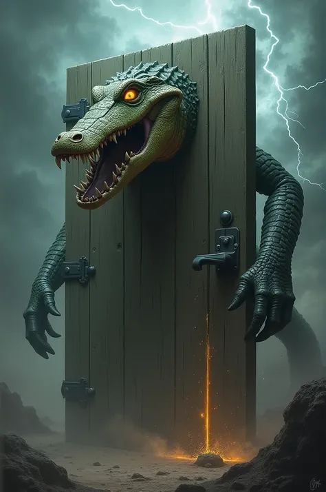 "Create a hybrid creature that combines the features of a door and a crocodile into a single, monstrous entity. The body should resemble the long, powerful form of a crocodile, but with parts of the body morphing into wooden panels and hinges. The crocodil...