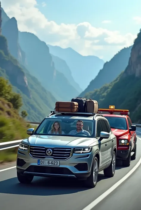 A family SUV loaded with luggage being assisted by a DG truck on a scenic highway surrounded by mountains. Include smiling passengers relieved by the quick service.

Caption:
"Road trip interrupted? DG Towing & Service is here to ensure your journey contin...