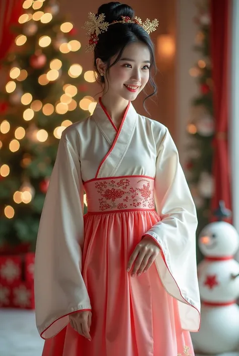  Beautiful Woman Wearing Chimachogori 。 Glittering illuminations in the back、 Christmas tree、雪だるま☃️。 full body portrait 。 taken by a world-famous photographer 。 cute pose。 Max Image。