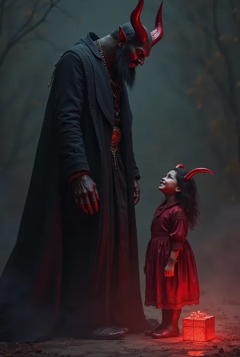 The devil looks at his devilish daughter. She stands on both feets right of the devil, looking to the right. She has horns loke her father. she is happy because she has found a present that is out of sight right to her. Devil and daughter are looking in th...