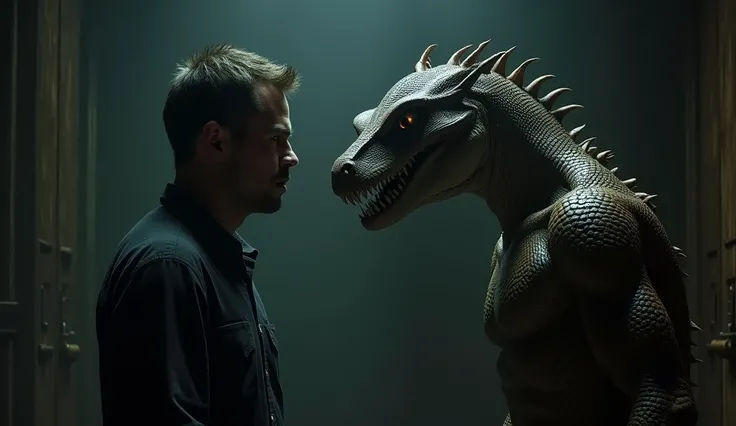 man in dark room face to face with a reptile man