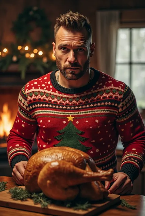 Sexy handsome man in Christmas sweater killing a turkey 