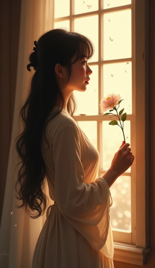 there is a woman standing by a window with a flower in her hand, guweiz, artwork in the style of guweiz, guweiz on artstation pixiv, guweiz masterpiece, guweiz on pixiv artstation, beautiful character painting, beautiful anime artwork, beautiful anime girl...