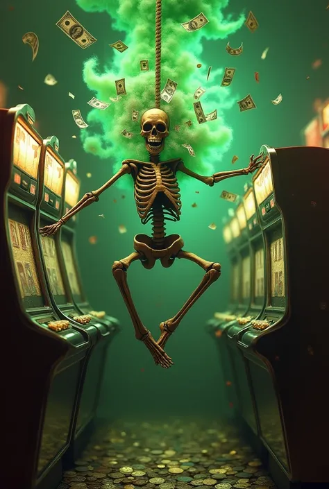 a very skinny man hanging from a rope around his neck with a huge smile hits a jackpot at the slot machine and green gas spews from his mouth as money coins and gold fly everywhere (not a zombie)
