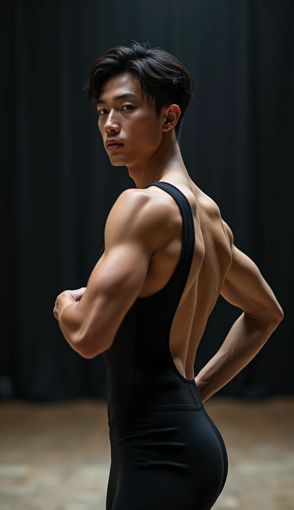 (photorealism:1.2), very Handsome japanese man, 22-27 year-old, tight dancing uniform, he is a dancer, on the stage, close up