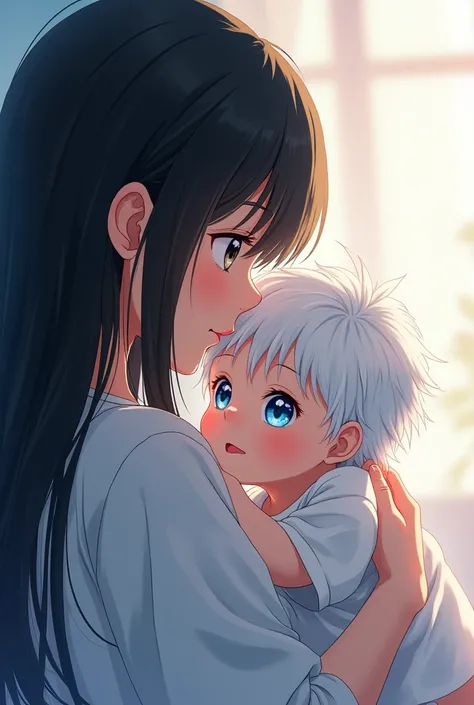  make a baby like Saturo Gojo  (white,  bright blue eyes , pelo white) In the arms of her white mom ,  black-haired ,  black eyes and long hair anime version 