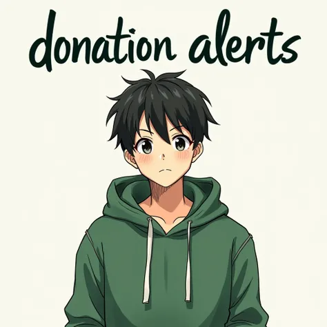 Anime style sketch guy in a green hoodie looks at the camera and Donationalerts lettering on top