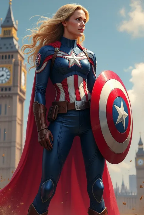 Miss britain avec un bouclier dans le style de captain America saux drapeau englais dessus 