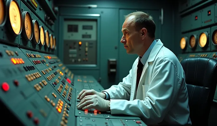 (Leonid) working inside the control room of Reactor 4, carefully examining a console filled with buttons and glowing indicators, 1980s Soviet era, wearing a white lab coat and protective gloves, the high-tech control room with blinking lights and machinery...