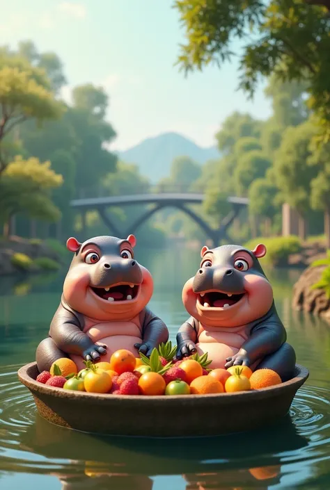 สร้างภาพHighest detail, realistic, sharp image. Two chubby little hippos with bright, sparkling eyes, smiling brightly, sitting in a large basin full of fruits. Behind is Khao Kheow Zoo.48k,suhd.