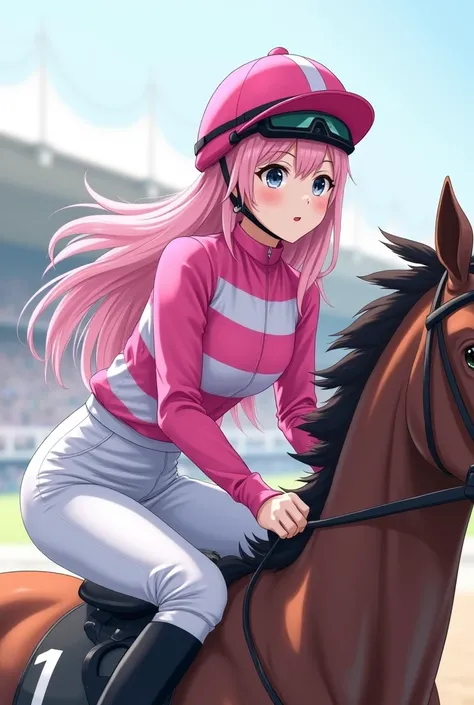 Illustration, angle from butt ,whole body, enjoy horse racing ,Lean forward and run on a race horse,21-year-old Japanese female jockey,japanese,Korean style beauty,Transparency, white skin,Gray Eyes,cute,Idol,Idol, Portraits,Model, long hair,bangs, GLOSSY ...