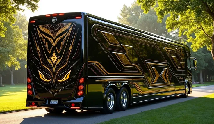 Back View Ek luxury heavy-duty  Kenworth T2000 Motorhome jo glossy black aur metallic gold combination mein ho. Motorhome par intricate aur stylish patterns bane hon aur modern, sleek design ka feel ho. Motorhome ke back par powerful chrome detailing ho au...