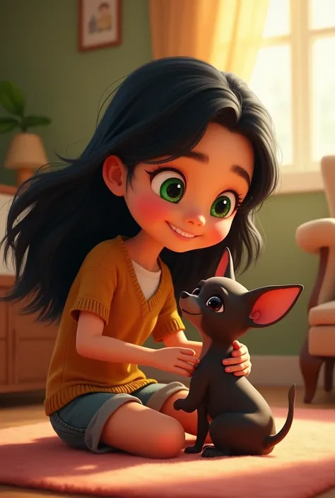 Generate an animated image of a girl with black hair with her dark brown chihuahua and green eyes 
