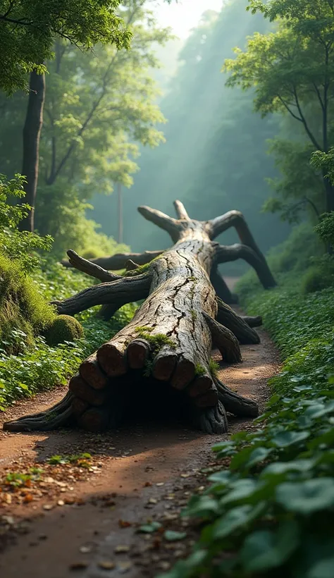 In cinematic 3D style, HD image, colourful image ,realistic image.
Action,A big tree has fallen lying down ground on the dirt road inside a forest