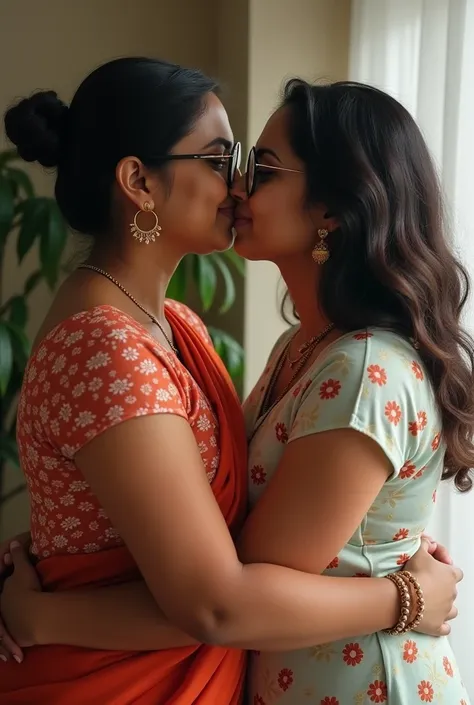 An Indian malayali mother with a slightly chubby body and curvy who has a glasses and a bush hair she is 50 yearsold she is hugging her 22 year old daughter and her hands are placed on her ass tightly and they are kissing each other 