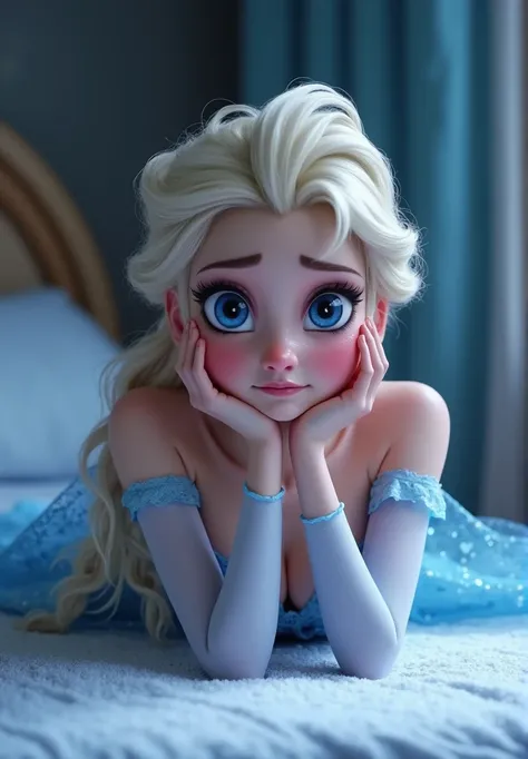  a girl , Queen Elsa , , blond，Weaving， blue eyes ，Black eyeliner，Black eyeshadow， painful expression ，helpless，Tears， lying on the table ， huge breasts,  huge breasts,Sexy and toned body,  strapless，waist， showing your stomach， sexy underwear, Sexy Thong,...