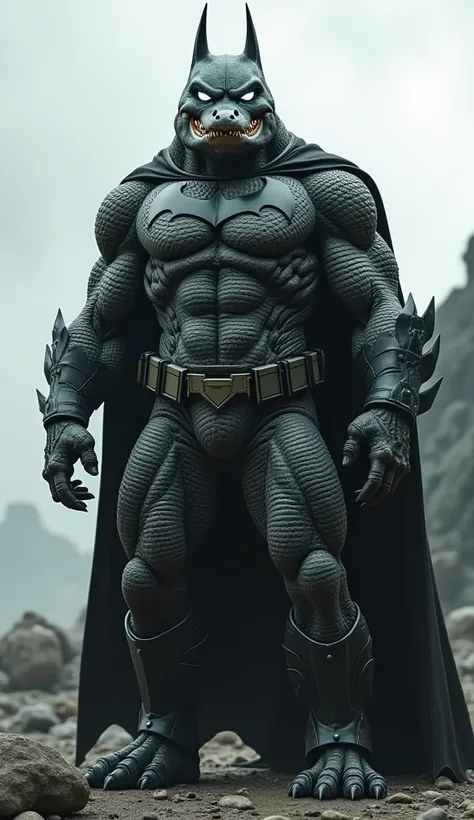 "Create a hyper-realistic image of a crocodile standing in a Batman costume, exuding a war-ready, dominant pose. The crocodile’s muscular body is covered in a sleek, black Batman suit that fits its frame, with a glowing bat emblem on its chest. The suit is...