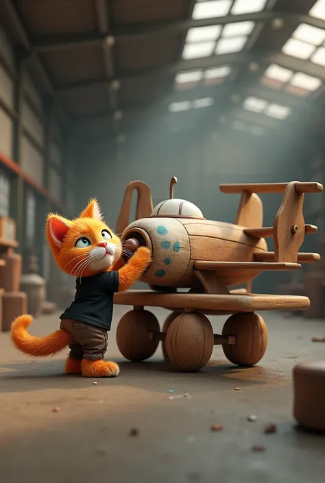 Generate a high quality 3D image:An orange cat wear black t-shirt brown pant and do white and blue paint on a big wooden airplane toy on the table in warehouse 