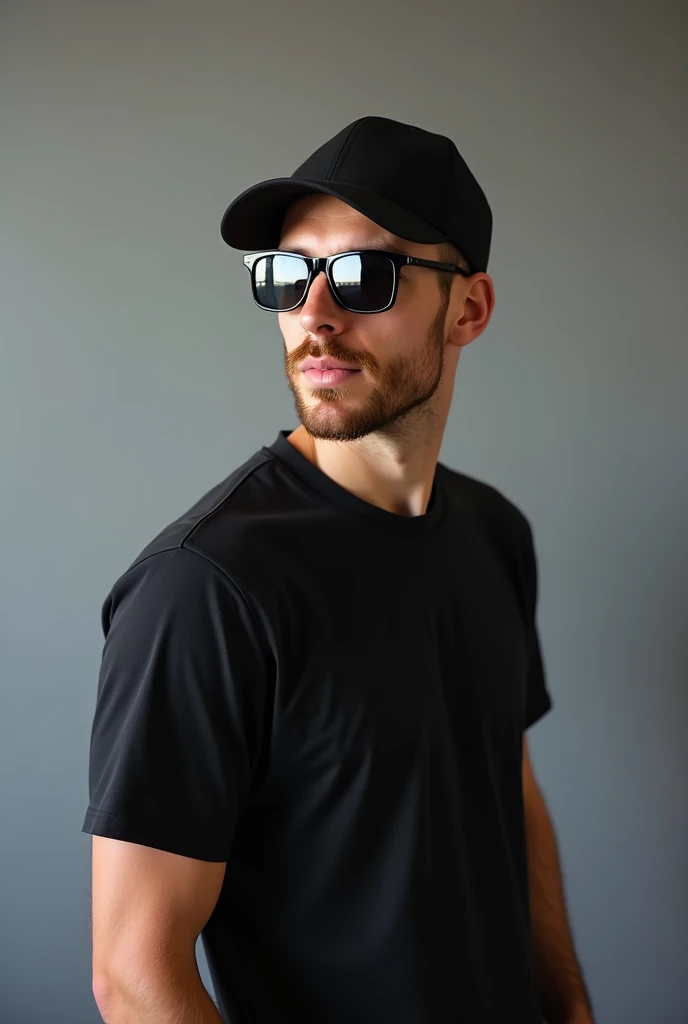 a man, brown-haired, 31 years old, with short hair and stubble, wearing a black cap and a black T-shirt, wearing black sunglasses, stands and looks half-turn to the side, professional photography, canon, gray background