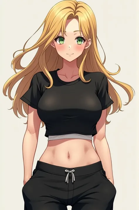 37-year-old anime woman with blond hair green eyes with big breasts black t-shirt short top over white shirt black sports pants 