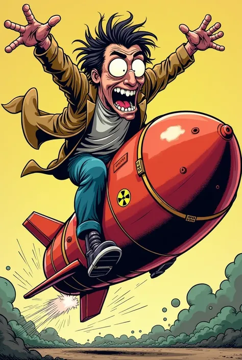 Mad man Riding on Nuclear bomb, cartoon, comics