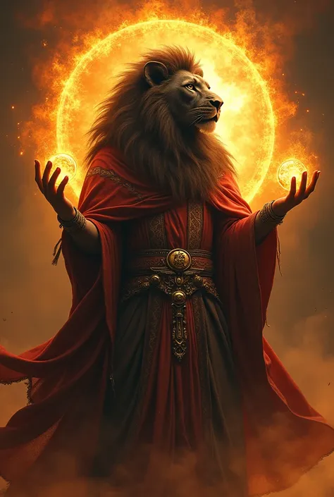  anthropomorphic cosmic God man ,  full body black lion head , male body,  surrounded by brilliant smoke and male virility,  robes symbolizing the Sun , emperor,  holding with the symbols of the Leo signs , Aries, Bull, Planet Sun ,  occultism symbolizing ...