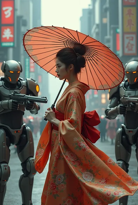 Japanese woman in kimono shielding herself with her umbrella from 3 robots with guns 
