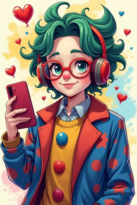 Anime-style image of a teenage male who is a (Clown) ( Who has a cell phone glasses headphones  ) (tik tok man)