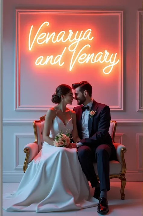 Create a 3D illusion for a profile picture where a couple in a wedding suit Sitting casually on a wedding chair, they looks each other The features "
VENARYA AND VENARY WEDDING" capital black neon light fonts on the white wall.