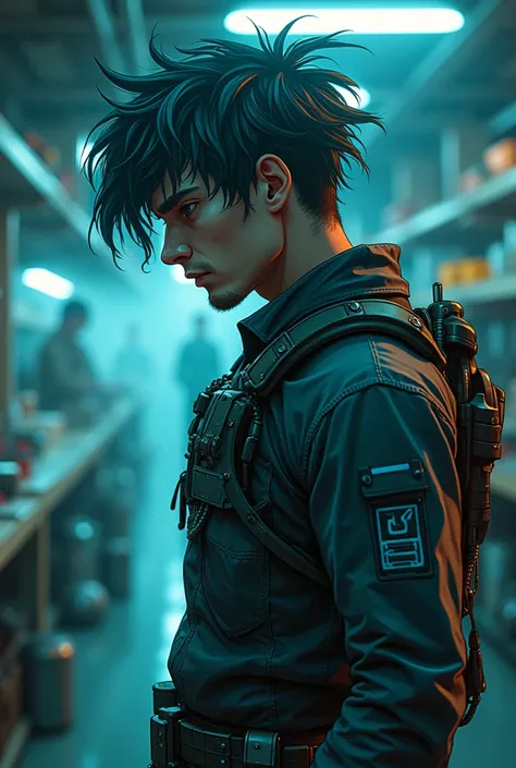 35-year-old man
Extravagant hairstyle from the 80s, Ghost in the Shell anime style.  Rugged and inventive, with a practical and adaptive demeanor
Shaggy hair with streaks of dark teal and small braided segments
#0f1841: A deep navy blue, evoking the profou...