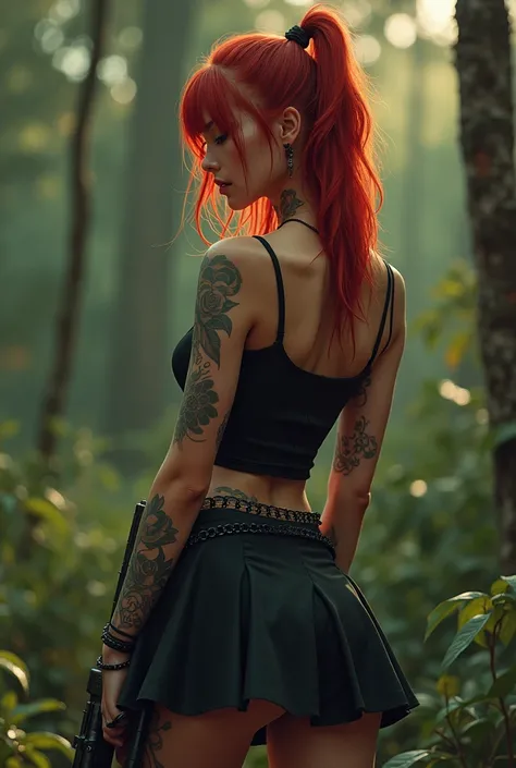 Photo of the end of the world with a girl first plant red hair a little black top and a skirt with a black chain and with which she that tattoo an M4 and an armed man tatoo and a very realistic handsome lad