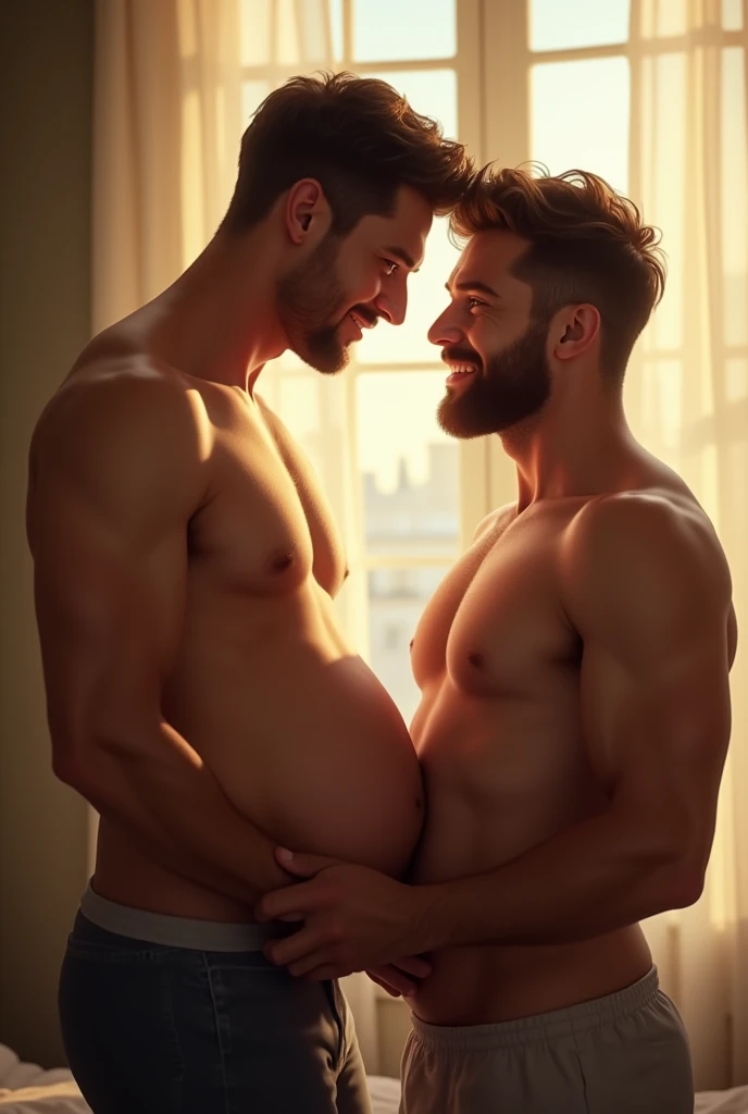 A handsome man is pregnant, and another handsome man is taking care of him.

