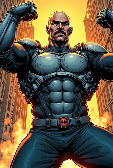 Man with shaved head and mustache with big cybernetic arms in American comic book style 