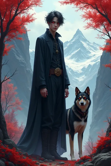 he is tall boy . his eyes is red . his gair is black .tere are red trees and big mountain . he have a big dog