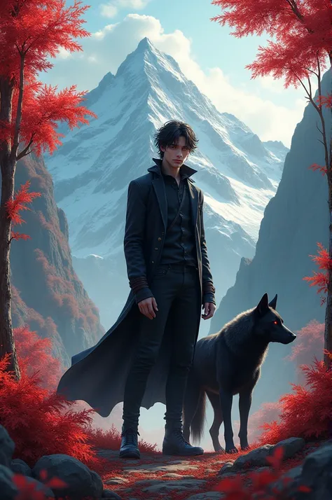 he is tall boy . his eyes is red . his gair is black .tere are red trees and big mountain . he have a big dog