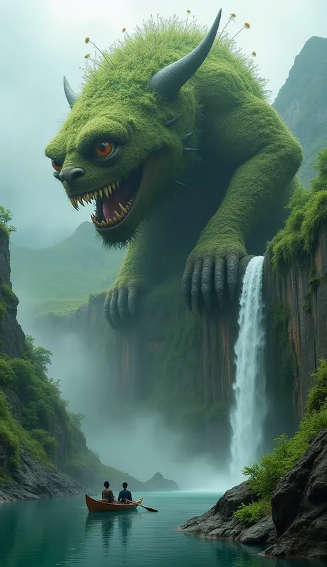 Here’s a prompt for generating the image you described:

"A surreal landscape featuring a large, imposing creature with a massive head covered in green moss and flowers. The creature has large, piercing eyes and an open mouth with sharp teeth. It is perche...