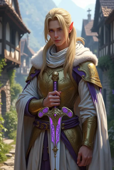 Create final fantasy style: a handsome elven man with long straight blonde hair with a ponytail with purple eyes, wearing a light golden elven hauberk with runes and purple details, holding a light scimitar-style sword, well curled purple with golden runes...