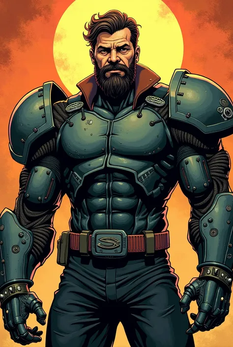 Man and a mustache with big cybernetic arms in American comic book style 