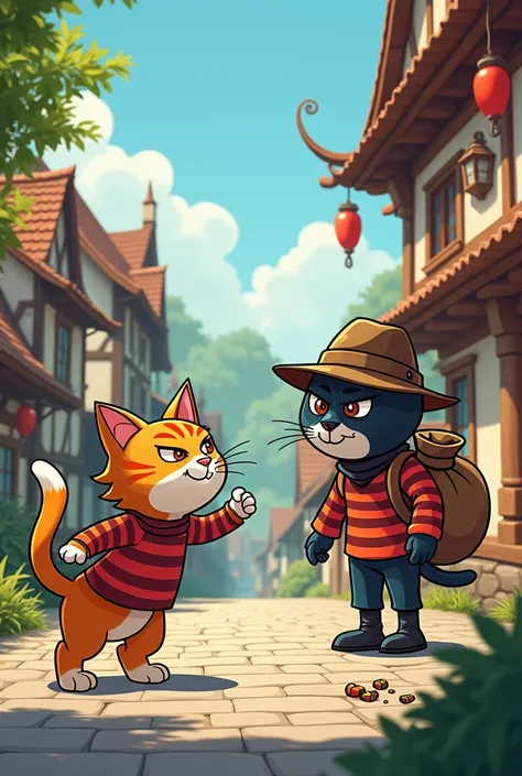 The cat cleverly distracted the cartoon thief
In the village 