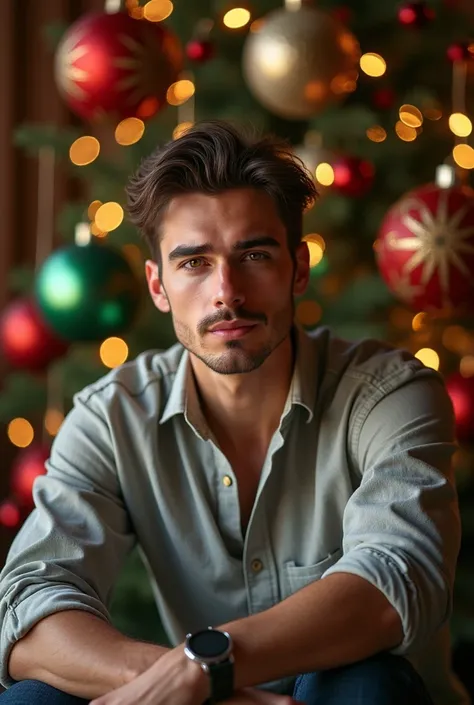   A handsome man Delgado  . 
Hegemonic  , casual, young, European, Luxury house , half smile.  Christmas ornaments  
