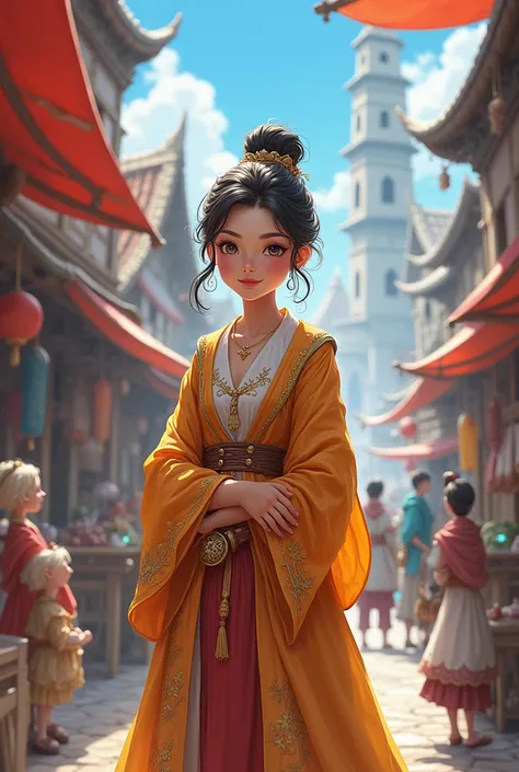 Anime style, medieval fantasy merchant young female