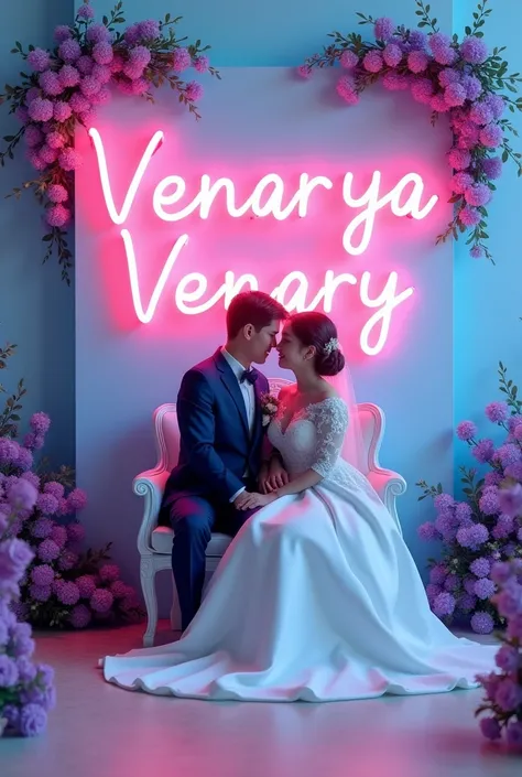 Create a 3D illusion for a profile picture where a couple in a wedding suit Sitting casually on a wedding chair, so many purple flower at the side, they looks each other The features "
VENARYA AND VENARY" capital pink neon light fonts on the skyblue wall.