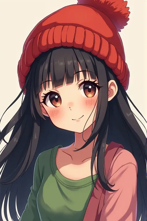 Draw black haired anime girl wearing red wool hat wearing green top and pink top and she is smiling