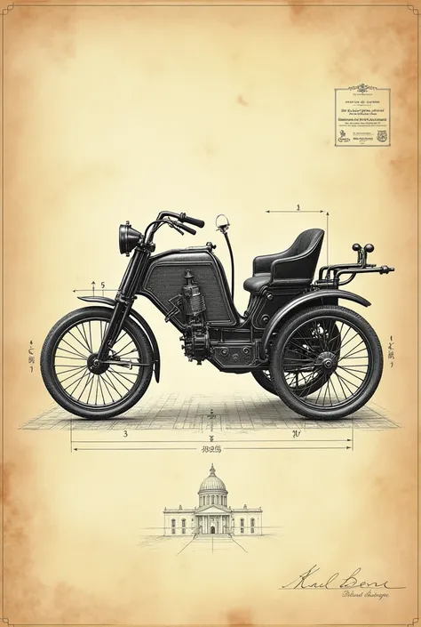 The Blueprint of Innovation:
"An artistic blueprint-style drawing of the Benz Patent-Motorwagen. The sketch is detailed, showing the single-cylinder engine, the three-wheel design, and the innovative mechanics. The background is aged parchment with Karl Be...