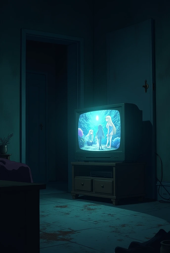 An anime-style cartoon with a dark room plus the television on and an anime showing on the TV without a single person in the room