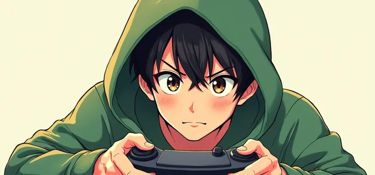 sketch style Anime guy in a green hoodie looks at the camera in his hands, he is holding a joystick and an inscription Welcome to the PryanichekFukoro channel.